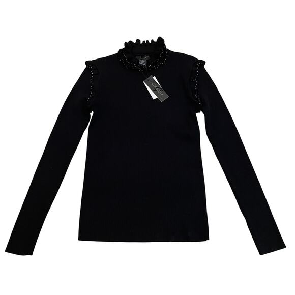 Gracia Stud Trim Ruffle Neck Black Sweater L | Y2K Glam, Beaded Holiday Knit NWT - Picture 3 of 6